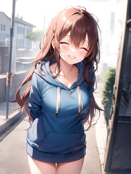 00015-2259419965-((masterpiece)), (best quality), 1girl, hoodie, brown hair, long hair, smile, hands behind back, eyes closed, cute, city.png